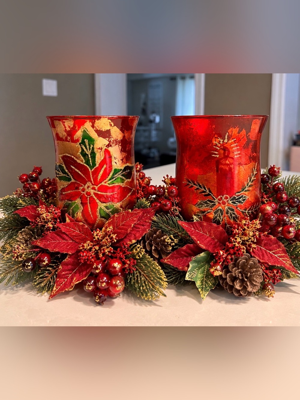 Christmas Red Poinsettia Painted Glass Candle Holders Goblet Holiday Centerpiece